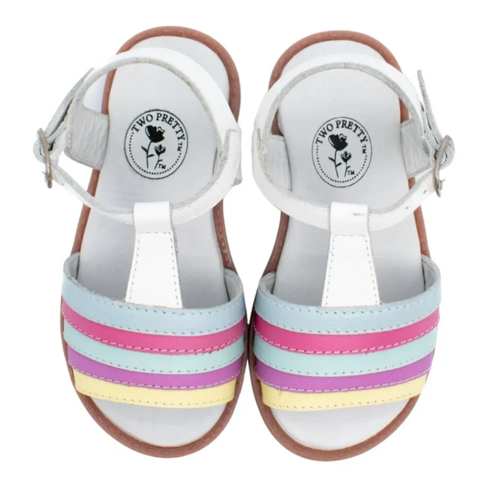 Two Pretty Handcrafted Leather Rainbow Sandals Girls - Pastel Multi-Color